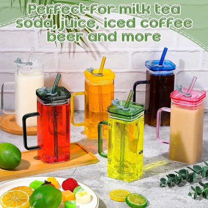 Premium Transparent Glass Mug with Lid & Straw