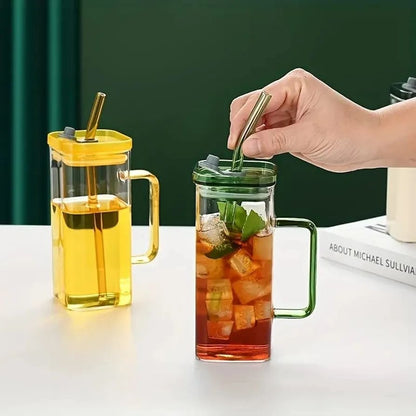 Premium Transparent Glass Mug with Lid & Straw