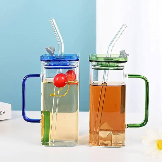 Premium Transparent Glass Mug with Lid & Straw