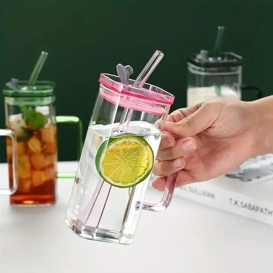 Premium Transparent Glass Mug with Lid & Straw