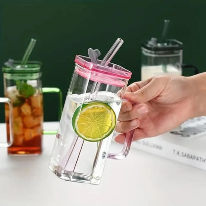 Premium Transparent Glass Mug with Lid & Straw